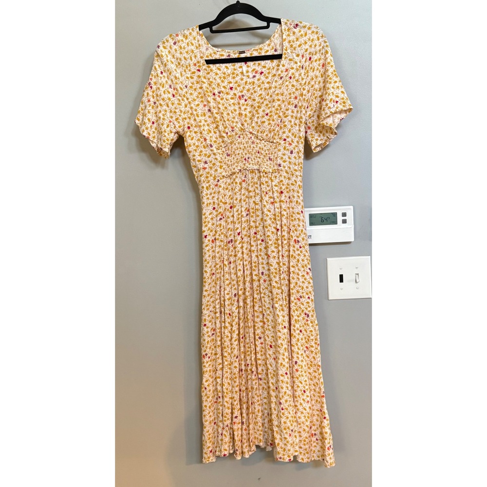 Free People Yellow Floral Smocked Waist Midi Dress XS